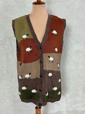 Vintage 80s 90s Orvis Cotton Blend Sheep Black Sheep Sweater Vest L